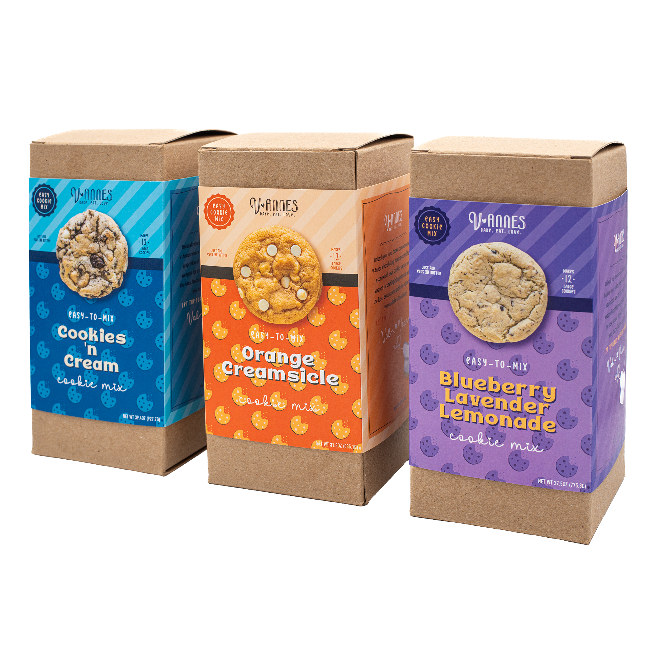 Image of three boxed cookie mixes: Cookies 'n Cream, Orange Creamsicle, and Blueberry Lavender Lemonade, arranged together.